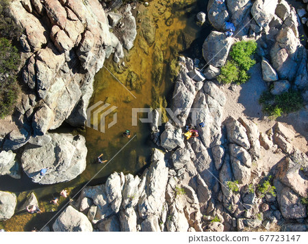 Aerial view of Los Penasquitos Canyon Preserve with the creek waterfall, San Diego 67723147
