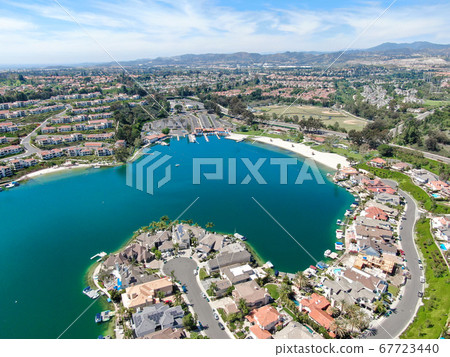 Aerial view of Lake Mission Viejo with private residential and condominium communities. California 67723440