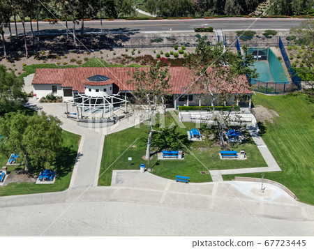 Aerial view of Lake Mission Viejo with private residential and condominium communities. California 67723445