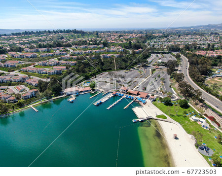 Aerial view of Lake Mission Viejo with private residential and condominium communities. California 67723503