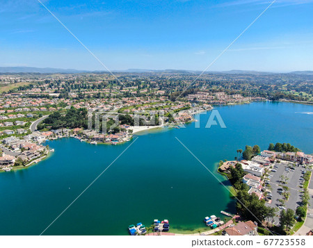 Aerial view of Lake Mission Viejo with private residential and condominium communities. California 67723558