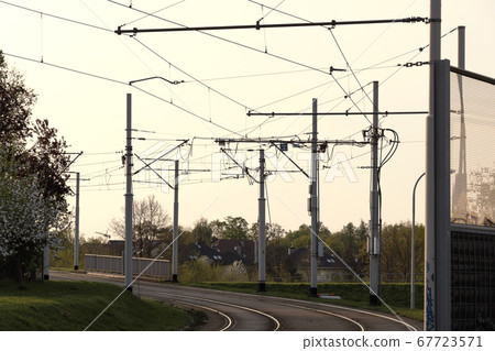 Tram rails and cables scenery. Tramway tracks and 67723571