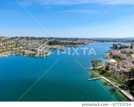 Aerial view of Lake Mission Viejo with private residential and condominium communities. California 67723714