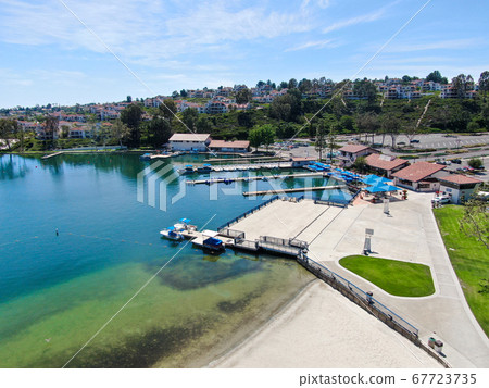 Aerial view of Lake Mission Viejo with private residential and condominium communities. California 67723735