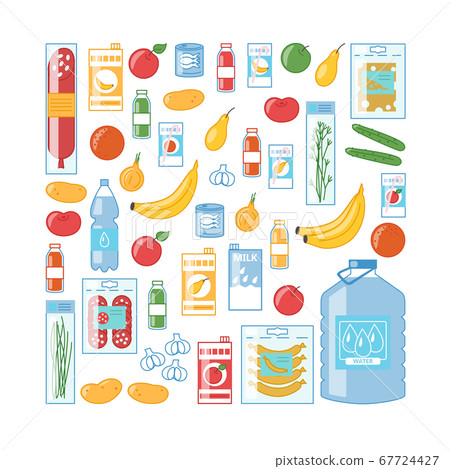 Variety of food products: fruits, vegetables, juice, water, cheese and sausages. Big grocery set. Package of vector illustrations in cartoon style Variety of food products: fruits, vegetables, juice, water, cheese and sausages. Big grocery set. Package of vector illustrations in cartoon style 67724427