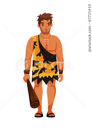 Ancient people character. Guard man with baton. Mythological creatures holding wooden weapon. Primitive wildman wearing animal skin. Male neanderthal. Vector illustration. 67725410