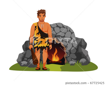 Ancient guard with baton standing near stone home 67725425