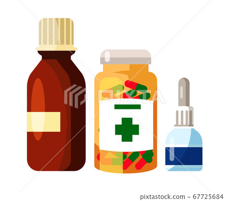 Pharmaceutical syrup, tablets, drops on white set 67725684