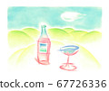 酒瓶和酒杯在前景,後面的藍天中的雲 酒瓶和酒杯在前景,後面的藍天中的雲 67726336