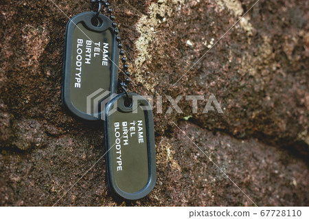 Military tag hanged on the rock on the rock background in forest. Concept of soldier sacrifice and armistice. Closeup and copy space. 67728110