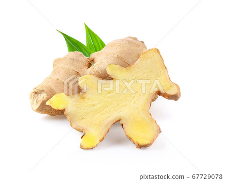 Ginger with leaves Isolated on a white  background 67729078