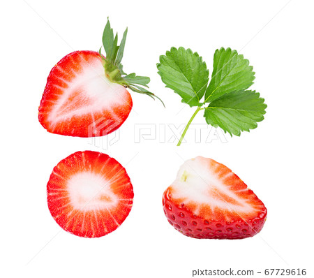 half strawberry and leaf  isolated on white 67729616