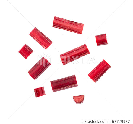 Rhubarb stalks on a white background. top view Rhubarb stalks on a white background. top view 67729977