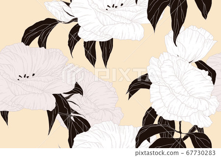 Seamless pattern, hand drawn white Eustom flowers with black leaves on light brown 67730283