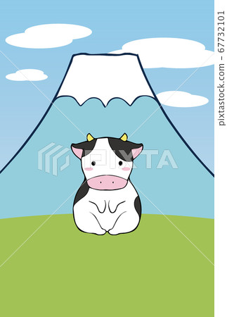 牛和富士山的簡單可愛的新年賀卡材料[無字母] 67732101