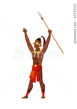 Tribal native man raising spear isolated on white 67733133