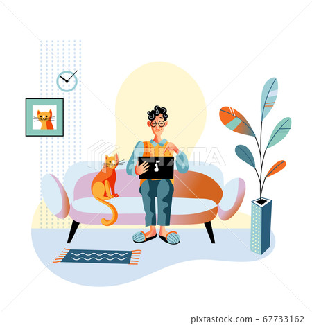 Happy man work on laptop sitting on sofa at home Happy man work on laptop sitting on sofa at home 67733162