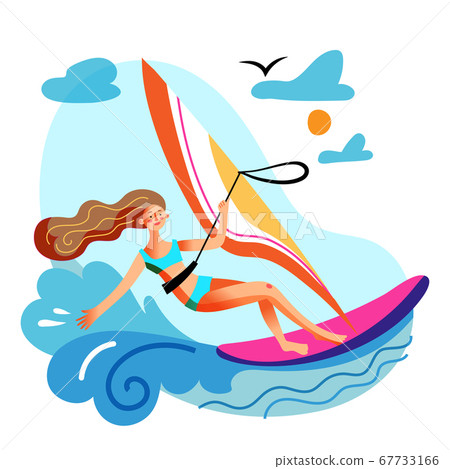Young woman engaged in windsurfing in sea or ocean Young woman engaged in windsurfing in sea or ocean 67733166