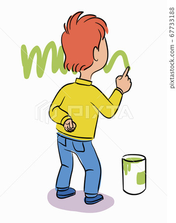 Little boy drawing green line or grass on wall with finger paint. School or kindergarten education process. Creative hobby. Talented cheerful children. Vector illustration. 67733188