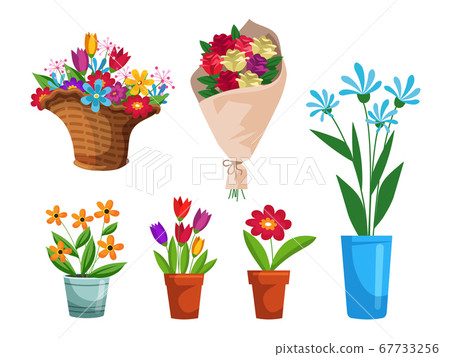 Isolated flower bouquet in wrap and flowerpot set Isolated flower bouquet in wrap and flowerpot set 67733256