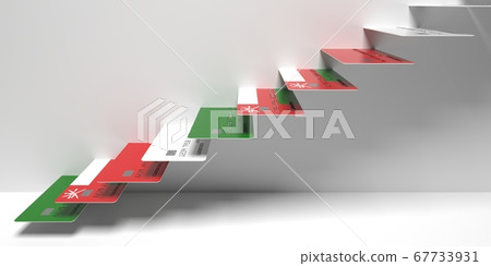 Flag of Oman on bank cards as stairs of a staircase. Consumer loans related 3D rendering 67733931