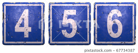 Set of public road sign in blue color with a white numbers 4, 5, 6 in the center isolated on white background. 3d Set of public road sign in blue color with a white numbers 4, 5, 6 in the center isolated on white background. 3d 67734387