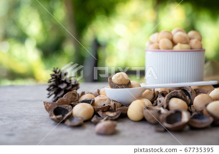 Organic Macadamia nuts with shell in spoon on wood Organic Macadamia nuts with shell in spoon on wood 67735395