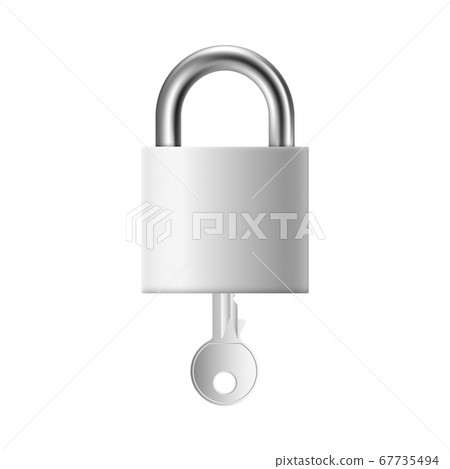 Silver metal padlock with inserted key - realistic little steel lock Silver metal padlock with inserted key - realistic little steel lock 67735494