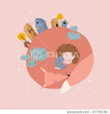 Cute cartoon girl sleep with fox. Best friends Cute cartoon girl sleep with fox. Best friends 67736140
