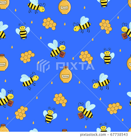 Seamless pattern of cartoon bees, hive and honey. Vector illustration Wallpaper background. 67738543