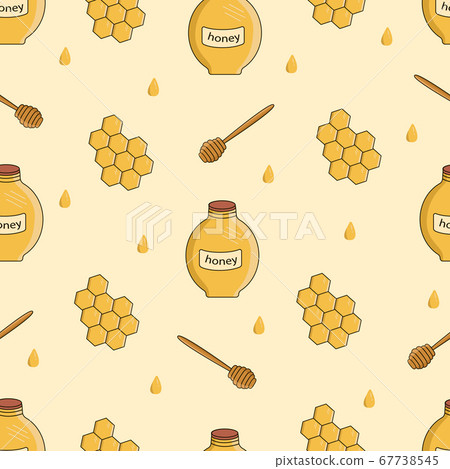 Seamless pattern of a jar of honey, stick for honey and honey comb. Seamless pattern of a jar of honey, stick for honey and honey comb. 67738545