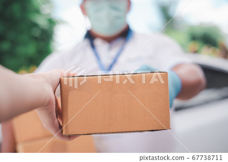 Male delivery workers wear sanitation faces and Male delivery workers wear sanitation faces and 67738711