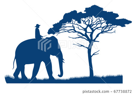 A man riding an elephant in an African savannah. Landscape African tree. Vector flat style A man riding an elephant in an African savannah. Landscape African tree. Vector flat style 67738872