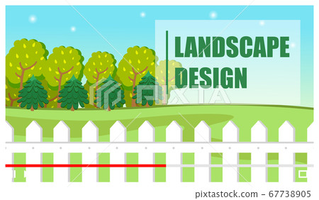 Landscape design. Green lettering. Trees, field, fence. Gardening and agricultural flat image Landscape design. Green lettering. Trees, field, fence. Gardening and agricultural flat image 67738905