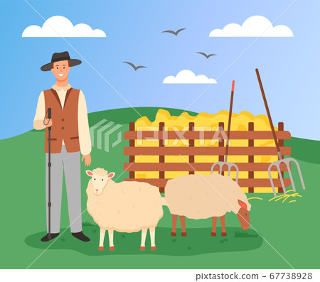 Shepherd and sheep on the green landscape. Hay and pitchforks. Clear skies with birds. Flat image Shepherd and sheep on the green landscape. Hay and pitchforks. Clear skies with birds. Flat image 67738928