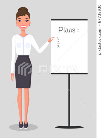 Young arrractive slim Caucasian businesswoman stands near white presentation board. Work plan Young arrractive slim Caucasian businesswoman stands near white presentation board. Work plan 67738930