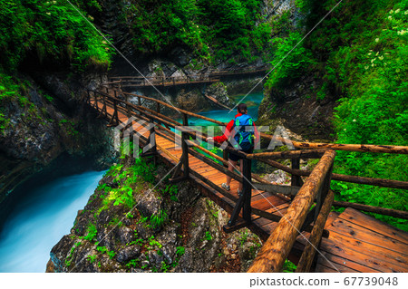 Sporty hiker woman enjoying the view in the Vintgar gorge  67739048