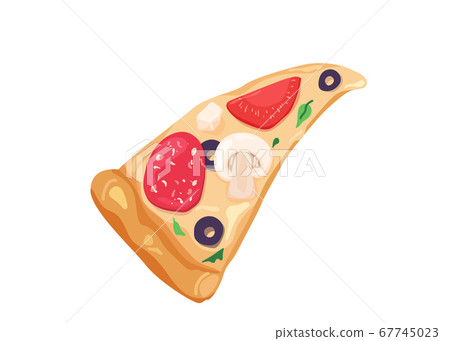Delicious slice of pizza with cheese, olives, mushrooms, tomato, salami isolated on white background. I choose sweet positive life, design concept Delicious slice of pizza with cheese, olives, mushrooms, tomato, salami isolated on white background. I choose sweet positive life, design concept 67745023