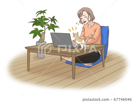 A woman whose remote work is disturbed by a cat 67746046
