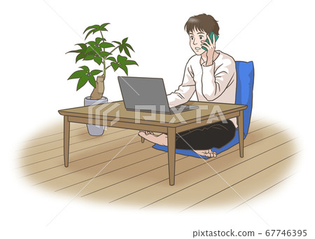 A young man at home while calling while looking at a personal computer 67746395