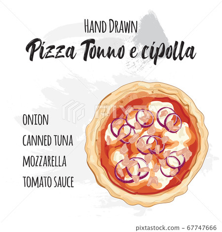 Hand drawn colorful pizza Tonno e cipolla with ingredients 67747666