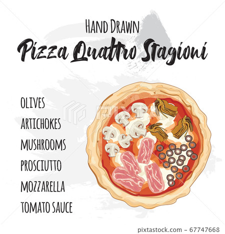 Hand drawn colorful pizza Quattro Stagioni with ingredients 67747668