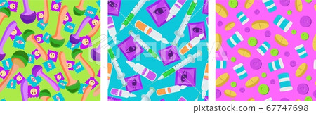 Narcotic substances pattern seamless set. Magic mushrooms tincture of salva herb with green ecstasy pills. 67747698
