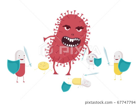 Evil bacterium with antibiotic resistance illustration. Red monster coronavirus destroys pills with shields and swords. 67747794