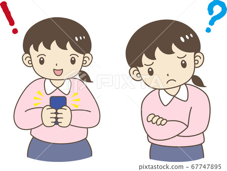 Set of girls who understand on smartphones and girls who have doubts by crossing arms 67747895