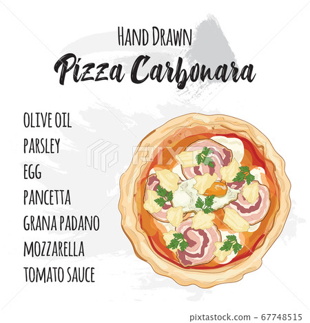 Hand drawn colorful pizza Carbonara with ingredients 67748515