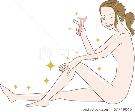 Illustration of a woman doing skin care with a razor in one hand 67749049