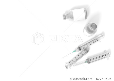 Vaccine and syringe injection for prevention, immunization from virus infection 3d rendering. 3d illustration ampoule vaccine with other vaccination vials. Health care and Medicine infectious concept. 67749396