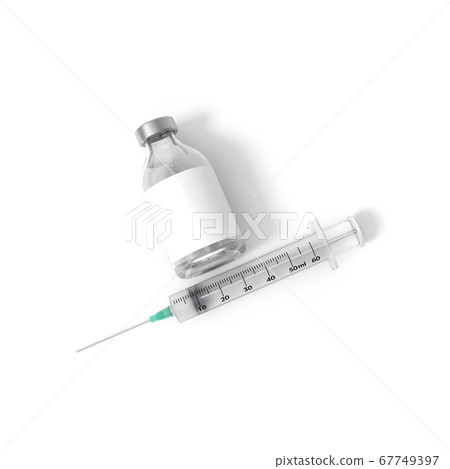 Vaccine and syringe injection for prevention, immunization from virus infection 3d rendering. 3d illustration ampoule vaccine with other vaccination vials. Health care and Medicine infectious concept. 67749397
