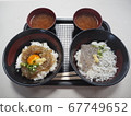 Obi-zuke bowl of raw sardines and half bowl of fried sardines with raw shirasu 67749652